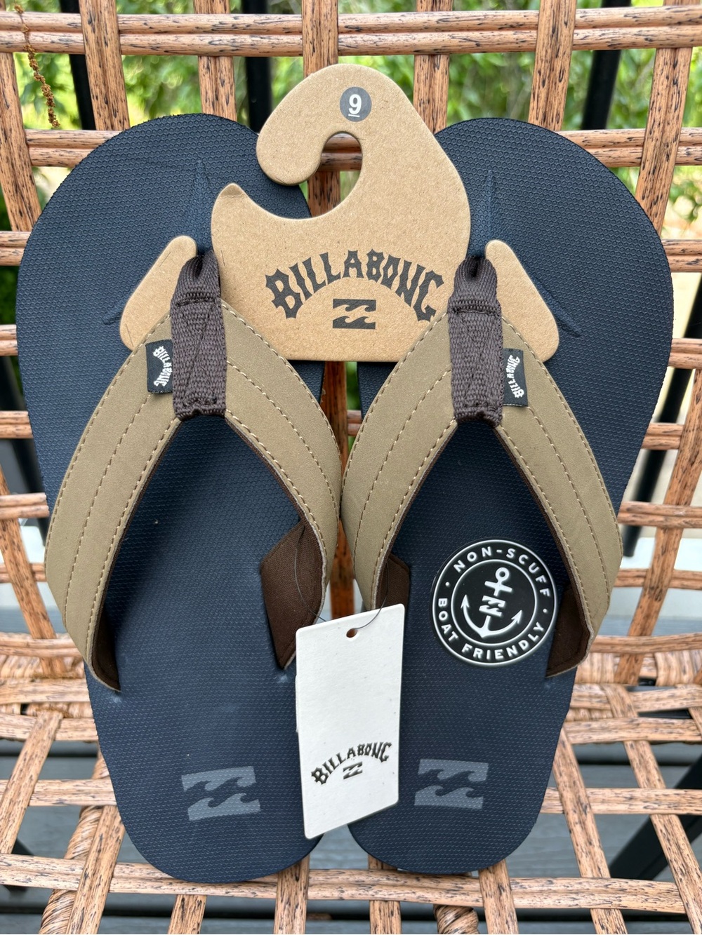 Billabong Men’s Black Footbed with Brown/Tan Straps Flip Flops